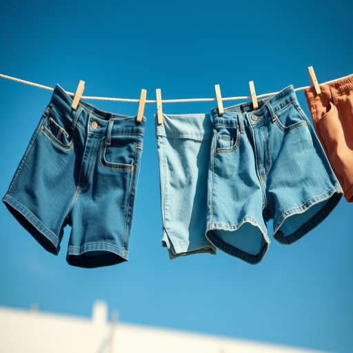 capture a line of denim shorts hanging on a clothesline with blue sky in the background, aperture f/4, shutter speed 1/250s, ISO 200, DSLR camera, natural lighting, shallow depth of field