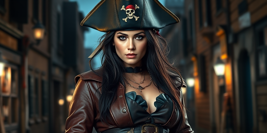 Create a portrait of a fierce female pirate. She wears a leather tricorn hat adorned with a skull and crossbones emblem, and her long, dark hair flows around her face. Her outfit consists of a richly detailed leather jacket, a corset, and multiple layers of belts and accessories, giving her a formidable and stylish appearance. She stands confidently in a dimly lit, historic port town, with a backdrop of weathered buildings and cobblestone streets, capturing the adventurous spirit of a pirate.