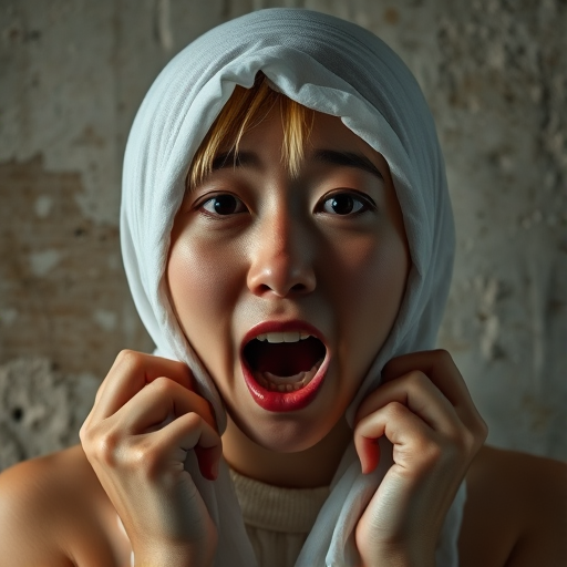 Create a close-up photographic image of a Asian woman with light skin tones shown against an old, worn wall. Their head is wrapped in a white cloth covering (i.e.... parts of the head except the nose and mouth, which are open as if they are screaming...), with a slight texture and visible folds in the fabric. Thin strands of blonde hair escape from the wrapping above, falling lightly at the top and sides. Their hands hold the fabric as if they are tugging nervously. The lighting is dramatic and even, casting strong shadows. The image has a minimalist and surreal style with an emphasis on simplicity with soft color tones. The composition is centered.