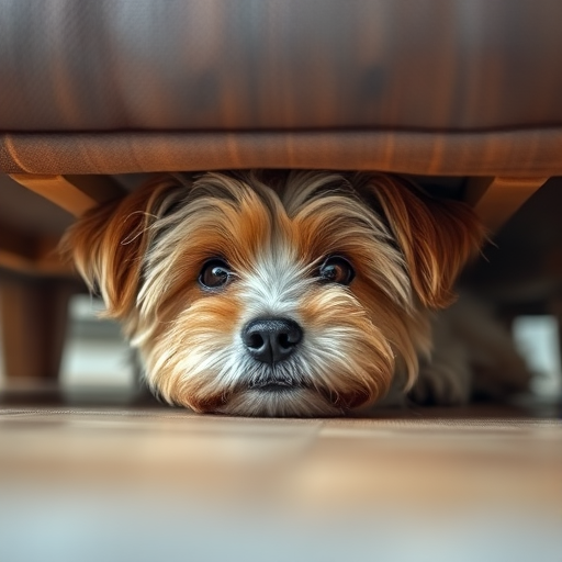 Close-up shot of a furry dog peeking from under a couch, 50mm lens, aperture f/2.8, ISO 200, natural lighting, shallow depth of field, DSLR camera.