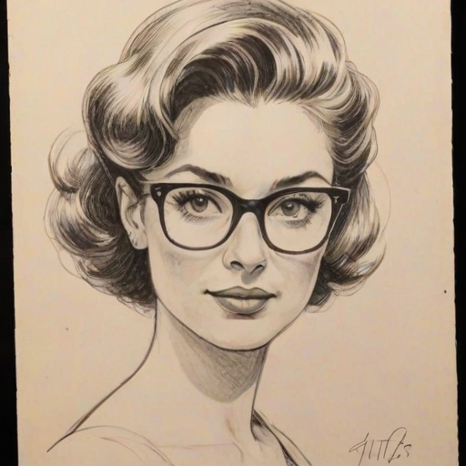 Pleasing Kat Foster, pencil sketch, portrait of Fetching woman 1957s in glasses, hair style beatnik, outline, clear lines, fine lines, 8k