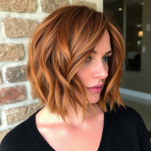 Autumnal copper bob with subtle gold leaf accents, Harvest's hair captures the warmth of fall, with textured layers and face-framing pieces that resemble gently falling leaves