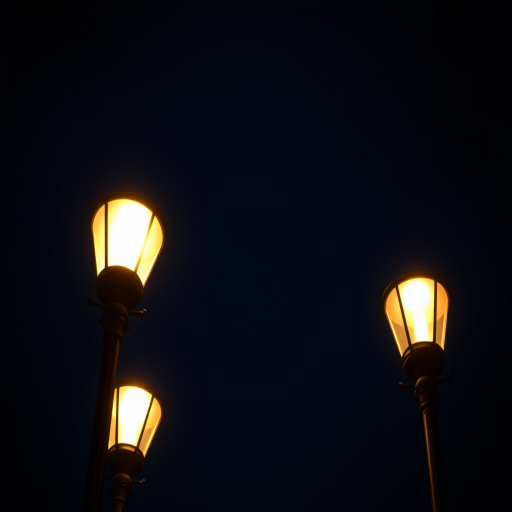 regenerate an artistic depiction of three street lamps glowing against a dark blue background, use a Canon EOS 5D Mark IV, 50mm lens, f/1.8 aperture, ISO 100, 1/60s shutter speed, shot from a low angle to emphasize the height of the lamps, with a soft focus and enhanced texture for a painterly effect