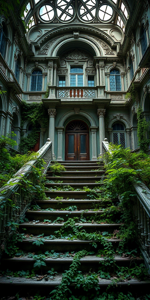 Create a highly detailed, atmospheric image of an abandoned mansion with intricate architecture, overgrown steps leading up to a grand entrance, captured in soft natural lighting, using a DSLR camera with a 50mm lens, f/2.8 aperture, ISO 100, and a focus on depth of field to enhance textures and colors.