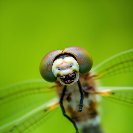 macro shot of a dragonfly with intricate details on its face and wings, bright green blurred background, f/8 aperture, ISO 100, 1/200s shutter speed, shot with a Canon EOS 90D using a 100mm macro lens, natural light for enhanced clarity and color.