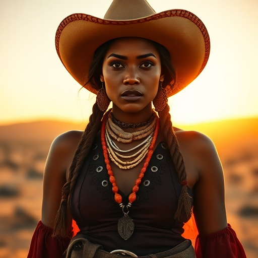 Dramatic photo of a beautiful Aboriginal Australian woman, classic cowboy attire, confident and free spirit expression, half-length portrait, centered, golden hour desert landscape, warm, diffused light, low angle, medium format film camera, in style of Annie Leibovitz.