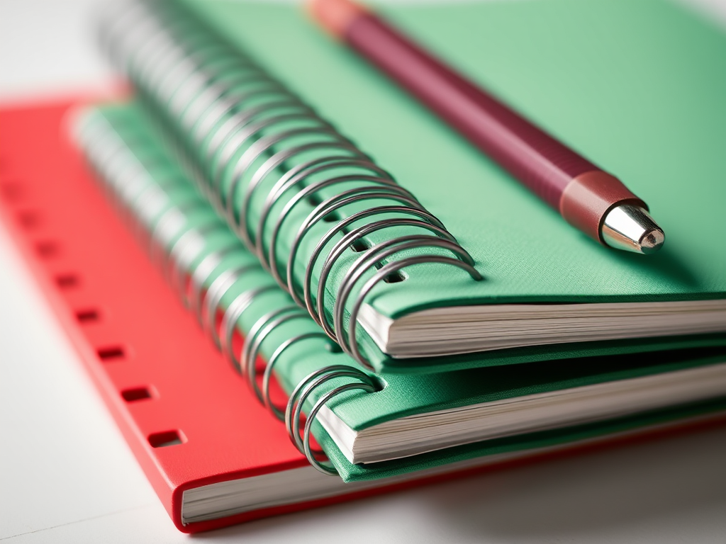 a close-up shot of a red and green spiral-bound notebook stacked on top of each other, soft diffused lighting, f/8 aperture, 50mm lens, ISO 100, taken with a digital SLR camera, high resolution, shallow depth of field for focus on notebooks