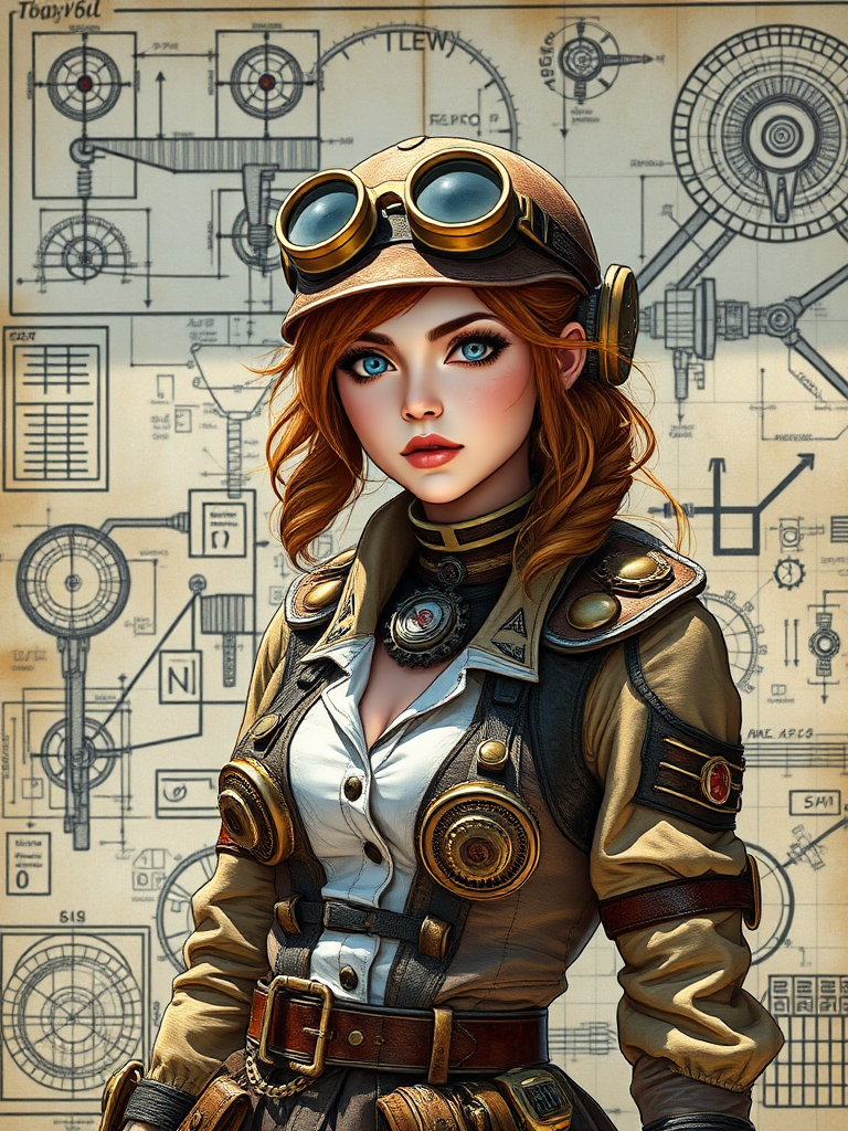 Regenerate an illustration of a steampunk female character in a detailed outfit with mechanical elements, set against a background of intricate technical sketches and blueprints, using a Canon EOS 5D Mark IV, ISO 100, f/8, 50mm lens, shot in natural light to enhance colors and textures, focused close-up to capture details in the clothing and background.