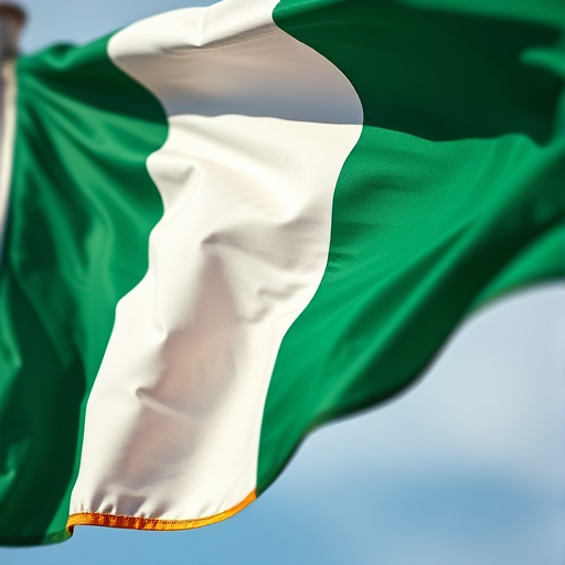 high-resolution close-up of an Irish flag waving in the wind, captured with a Canon EOS R6, 85mm lens, aperture f/1.8, ISO 200, soft natural lighting, vibrant colors with depth and texture, shallow depth of field for a dreamy effect