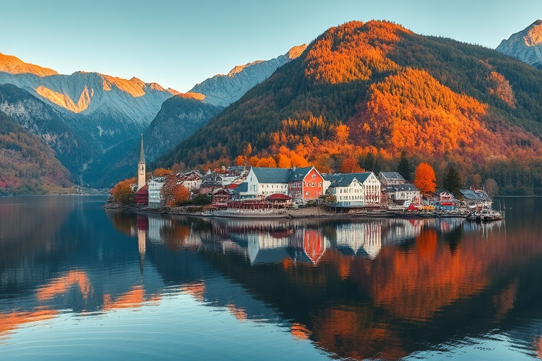 Capture a serene lakeside village in Hallstatt during autumn with vibrant foliage, reflecting mountains in calm waters, using a wide-angle lens, f/8 aperture, ISO 200, 1/200 sec shutter speed, in golden hour lighting, from a drone perspective.