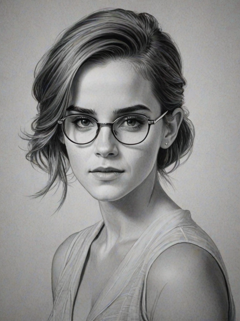 Alluring Emma Watson, pencil sketch, portrait of Captivating woman 1961s in glasses, hair style beatnik, outline, clear lines, fine lines, 8k