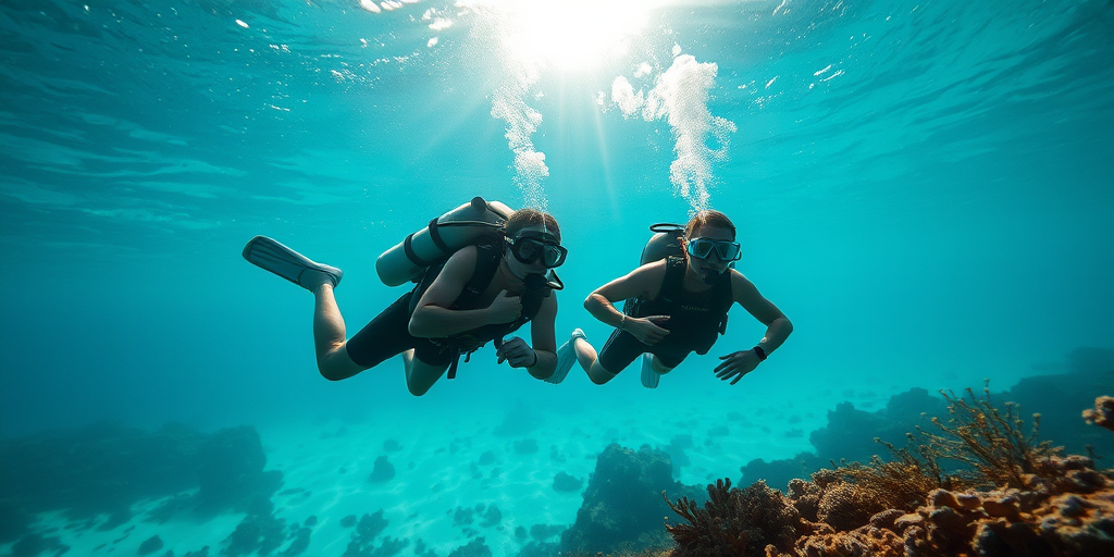 underwater scene with two divers exploring coral reefs, bright sunlight filtering through clear water, tropical landscape in the background, shot with a DSLR camera, 24mm lens, aperture f/8, ISO 200, shutter speed 1/250 sec, underwater mode
