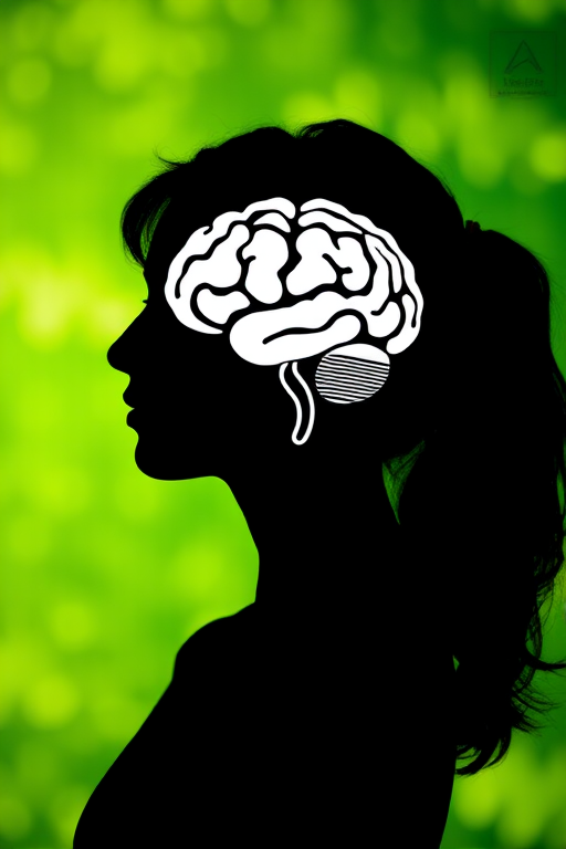 Silhouette of a woman with a brain illustration in her head against a vibrant green abstract background, shot with a Canon EOS R5, 50mm lens, f/1.8, ISO 100, natural light, portrait orientation.