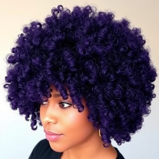 Deep violet hair styled in a voluminous afro called "Royal Crown," boasts a perfectly round shape with defined coils and curls, exuding confidence and regality while celebrating natural texture and beauty