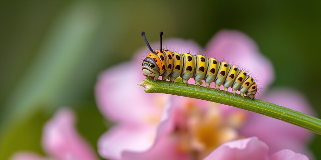 Close-up of two colorful caterpillars on a green stem with soft pink flowers in the background, shot with a macro lens at f/2.8, ISO 100, 1/250s; natural lighting, focus on the caterpillars with a blurred bokeh effect.
