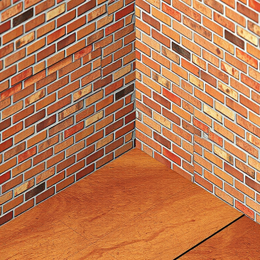 Generate a high-quality 3D isometric view of a brick wall corner with a chimney, featuring detailed textures on the bricks and floor, using a DSLR camera with a 50mm lens, aperture f/8, ISO 200, and a focus on sharpness and clarity.