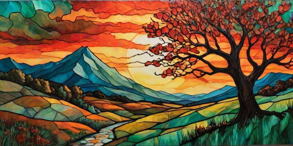 A vibrant abstract painting on Tiffany Glass, blending acrylic and alcohol ink techniques, captures a dramatic sunset over rolling hills. The artwork features a textured, rocky foreground in green and brown, layered abstract hills, and a striking sunset in rich oranges, yellows, and reds. A solitary black tree with intricate branches contrasts against the fiery sky, creating a dynamic and expressive portrayal of a breathtaking natural scene.