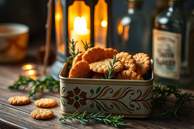 Capture a cozy still life of a decorative tin filled with homemade crackers, surrounded by fresh rosemary, a warm glowing lantern in the background, and a vintage bottle, shot with a 50mm lens at f/1.8, ISO 200, and a warm color temperature to enhance the inviting atmosphere.