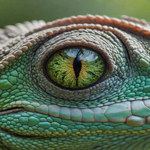 Sharp, detailed close-up of a chameleon's eye as it focuses on a nearby insect, soft sunlight filtering through the foliage, with vibrant green and blue hues blending in the background.