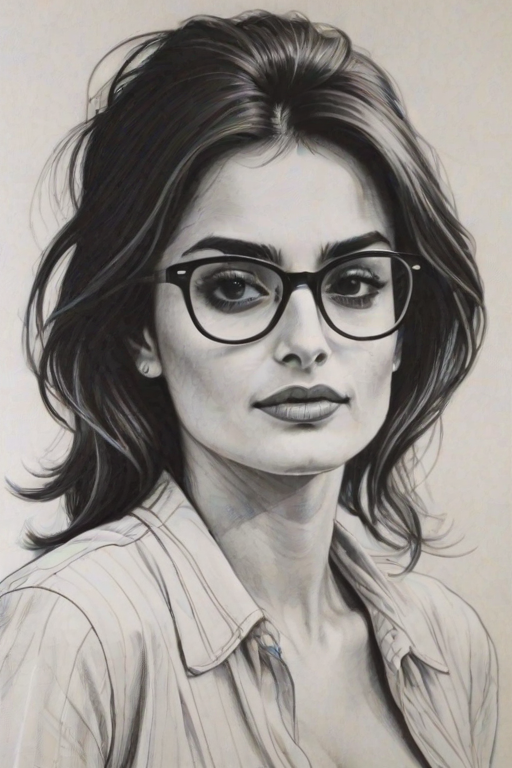 Resplendent Pen'lope Cruz, pencil sketch, portrait of Splendid woman 1975s in glasses, hair style beatnik, outline, clear lines, fine lines, 8k