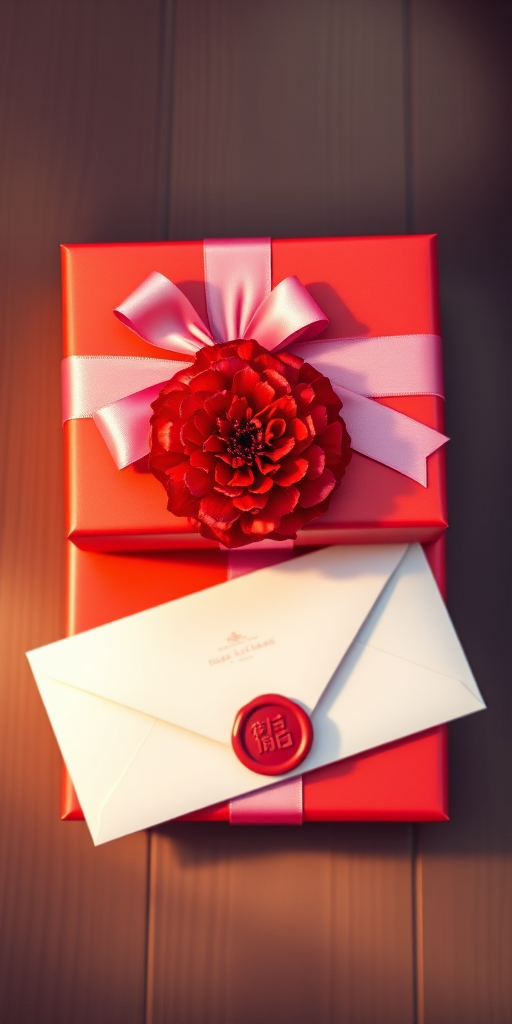 Create a high-resolution digital illustration of a red gift box with a pink ribbon, featuring a single red carnation flower and a white envelope with a wax seal, using a soft focus lens, 50mm focal length, f/1.8 aperture, top-down camera view, digital art style with vibrant colors and smooth textures.