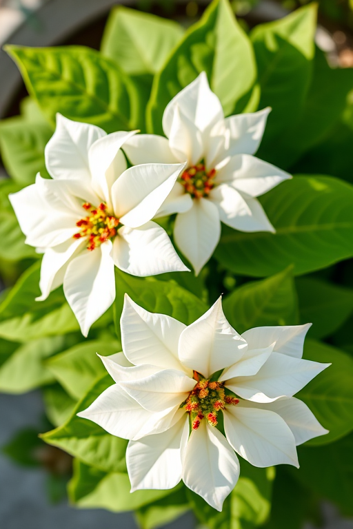 Create an image of three white poinsettia flowers with green leaves, captured in natural sunlight using a DSLR camera at f/2.8 aperture, ISO 100, 50mm lens, top-down view, shallow depth of field for a soft background.