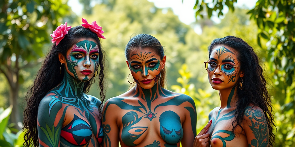 Generate an image of three women with artistic body paint in a vibrant outdoor setting, shot with a Canon EOS R5 camera at f/2.8, ISO 100, shutter speed 1/500s, using a wide-angle lens from a slightly low angle for a dynamic view, ensuring rich colors and high detail in the body art against a lush green background.