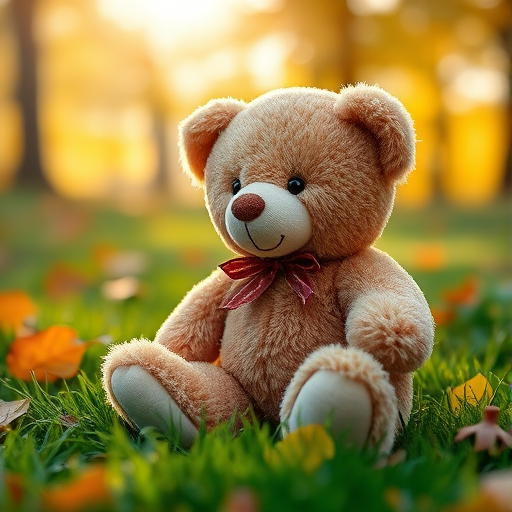 Create a close-up shot of a plush teddy bear sitting on green grass with autumn leaves scattered around, soft focus background, warm sunlight filtering through trees, using a DSLR camera with a 50mm lens, aperture f/2.8, ISO 100, and a shallow depth of field to capture the warmth and nostalgia of the scene.