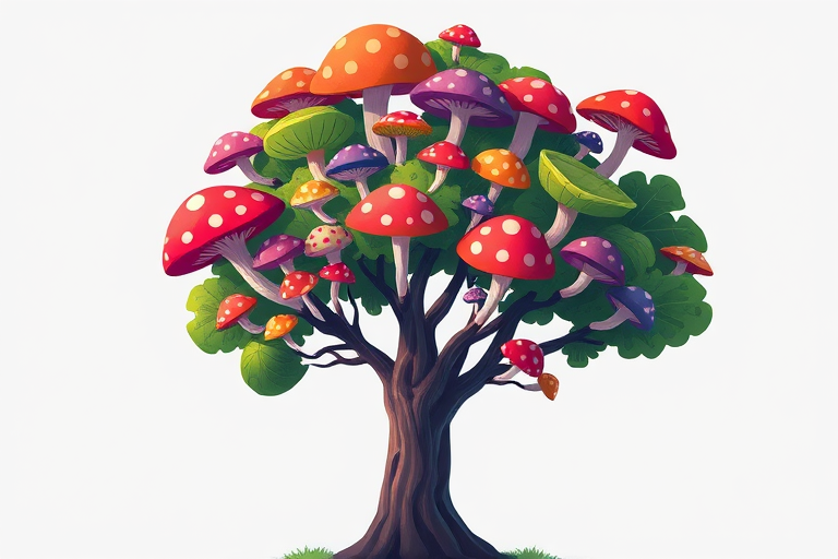 Generate a vibrant cartoon-style tree with colorful mushroom-shaped leaves in shades of green, red, and purple against a simple background, taken with a Canon EOS 5D Mark IV, 50mm lens, f/2.8 aperture, ISO 100, in natural light.