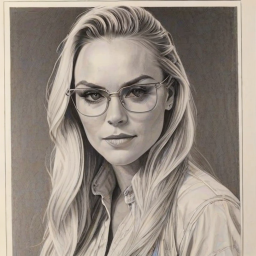 Ravishing Lindsey Vonn, pencil sketch, portrait of Bewitching woman 1978s in glasses, hair style beatnik, outline, clear lines, fine lines, 8k
