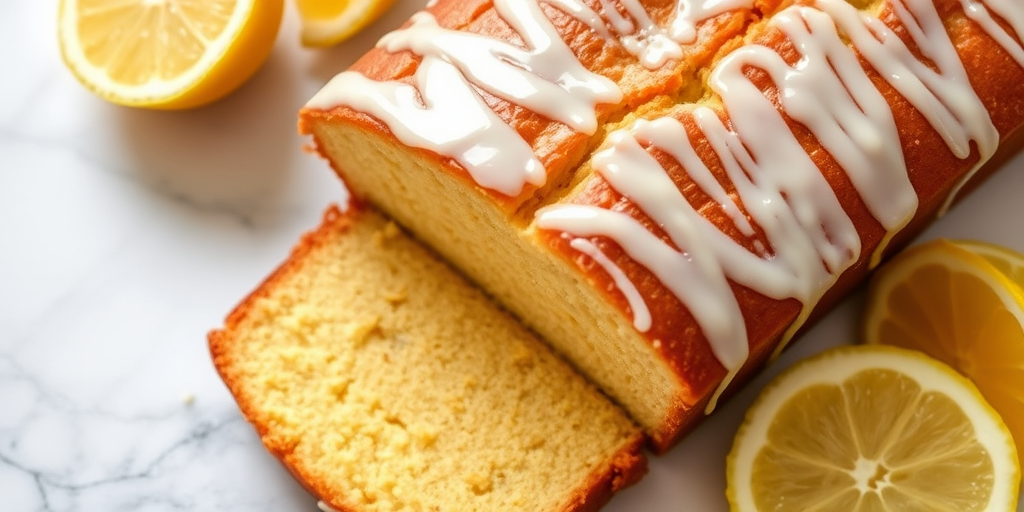 A freshly baked lemon loaf cake with a glossy icing drizzle on top, sliced to show its moist texture, accompanied by fresh lemon wedges on a marble surface.