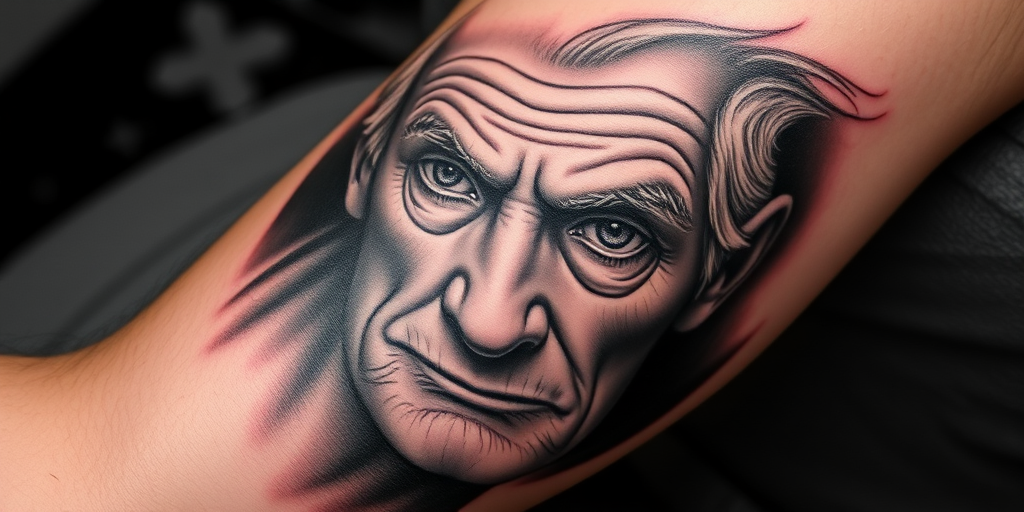 Realistic grayscale portrait tattoo titled "Timeless Gaze" showcasing intricate shading and lifelike details of an elderly face with piercing eyes, symbolizing wisdom and the passage of time on the upper arm