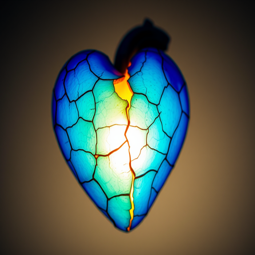 Create an image of a cracked blue heart with a glowing yellow core, captured in macro view using a DSLR camera at f/2.8 aperture, 1/200 sec shutter speed, ISO 100, with soft diffused lighting to enhance textures and details.