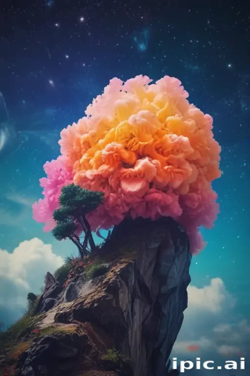 Surreal Landscape Featuring a Vibrant, Colorful Tree on a Rocky Cliff