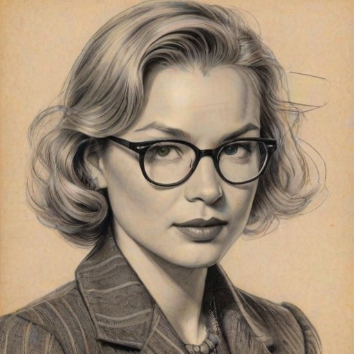 Exquisite Ren'e Zellweger, pencil sketch, portrait of Superb woman 1937s in glasses, hair style beatnik, outline, clear lines, fine lines, 8k
