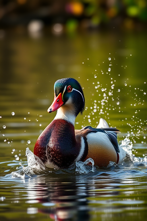 A vibrant duck splashing in shimmering water surrounded by a softly blurred natural background, captured with a Canon EOS R5, 85mm f/1.4 lens, aperture f/2.8, ISO 100, 1/1000 sec, in natural light for enhanced detail and color.