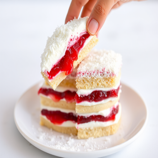 A layered dessert with bright red fruit filling between creamy white layers garnished with shredded coconut served on a plate with a hand lifting a piece showcasing the textures and colors against a light background