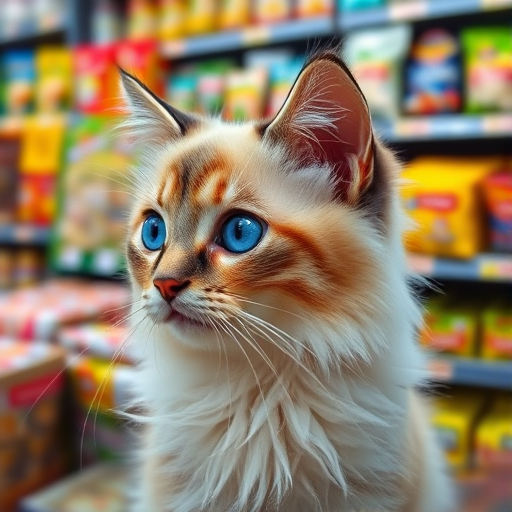 A fluffy cat with striking blue eyes and a cream and gray coat is looking curiously to the side in a store filled with various food items and colorful packaging in the background.