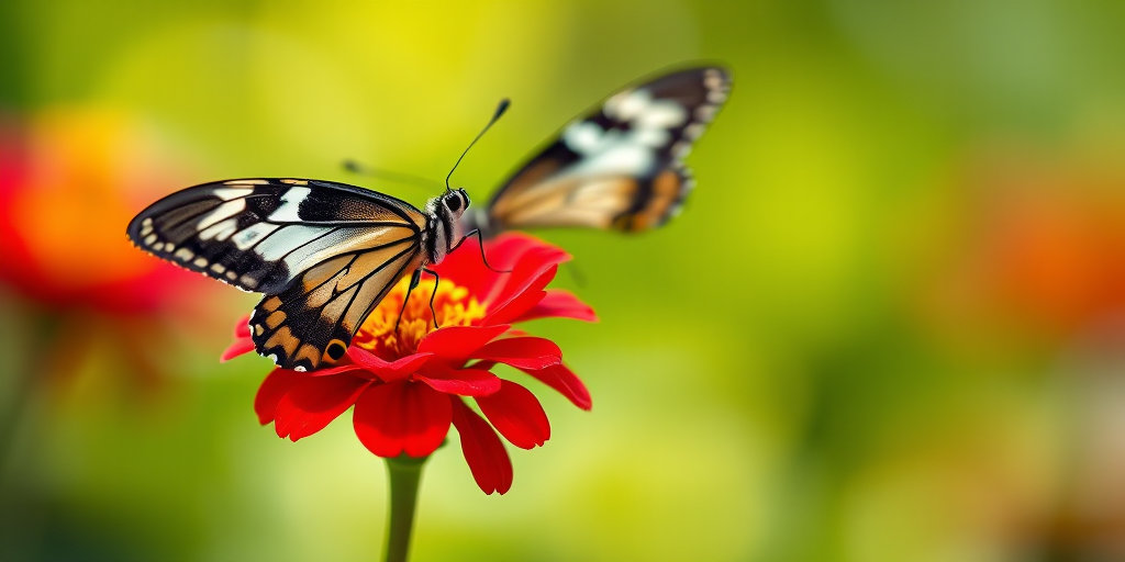 Generate an image of a butterfly delicately resting on a vibrant flower. The butterfly should have striking black and white patterns on its wings, while the flower is bright red with yellow accents. The background should have a soft, blurred green bokeh effect to enhance the focus on the butterfly and the flower.