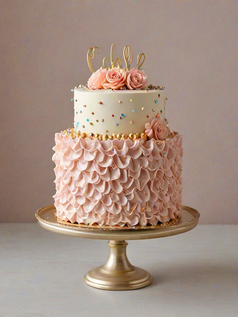 Create an image of a beautifully decorated cake. The cake should have a smooth, light beige frosting on the sides and a decorative top with intricate ruffles. The base of the cake should be adorned with a variety of colorful sprinkles, edible pearls, and confetti-like decorations in pastel colors, including pink, gold, and silver. The cake should be presented on a simple, elegant cake stand against a neutral background.