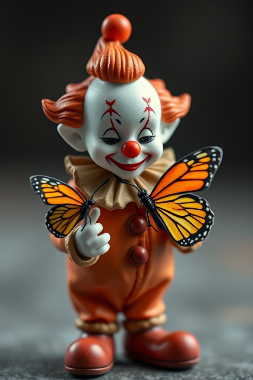 Regenerate a clown figurine holding a butterfly, 50mm lens, f/2.8 aperture, ISO 100, soft studio lighting, shallow depth of field, professional quality, centered composition.