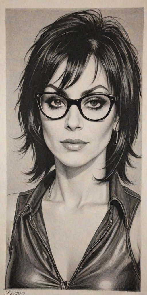 Dazzling Joan Jett, pencil sketch, portrait of Bewitching woman 1933s in glasses, hair style beatnik, outline, clear lines, fine lines, 8k