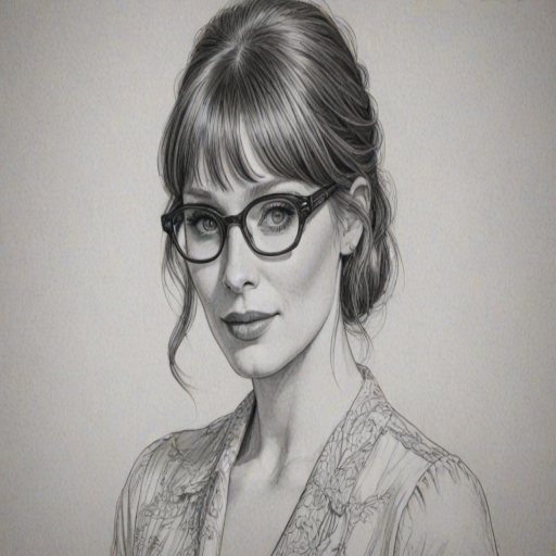 Superb Bryce Dallas Howard, pencil sketch, portrait of Magnificent woman 1960s in glasses, hair style beatnik, outline, clear lines, fine lines, 8k