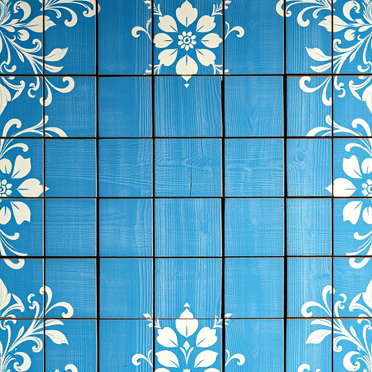 Create an ornate blue and white wooden background with intricate floral designs, shot with a Canon EOS R5, 24mm f/1.4 lens, aperture f/2.8, ISO 100, at a 45-degree angle view to enhance depth.