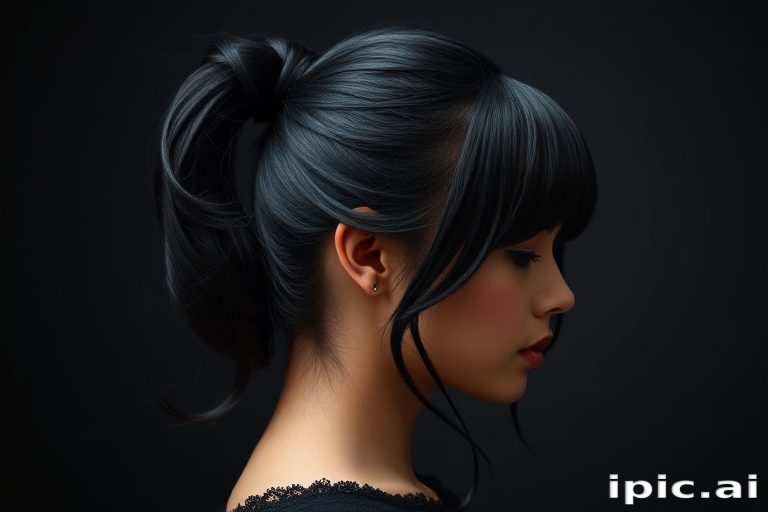 Lustrous jet black hair styled in a high ponytail with face-framing tendrils, the Midnight Veil style exudes timeless elegance and mysterious allure