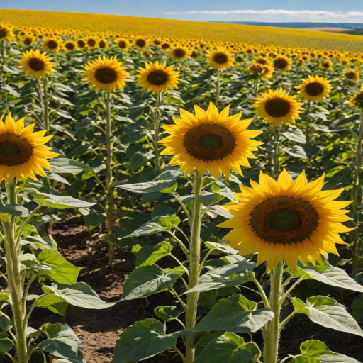 Close-up of a row of sunflowers in a field, their vibrant yellow petals glowing under the midday sun, with a bright blue sky overhead and distant rolling hills on the horizon.