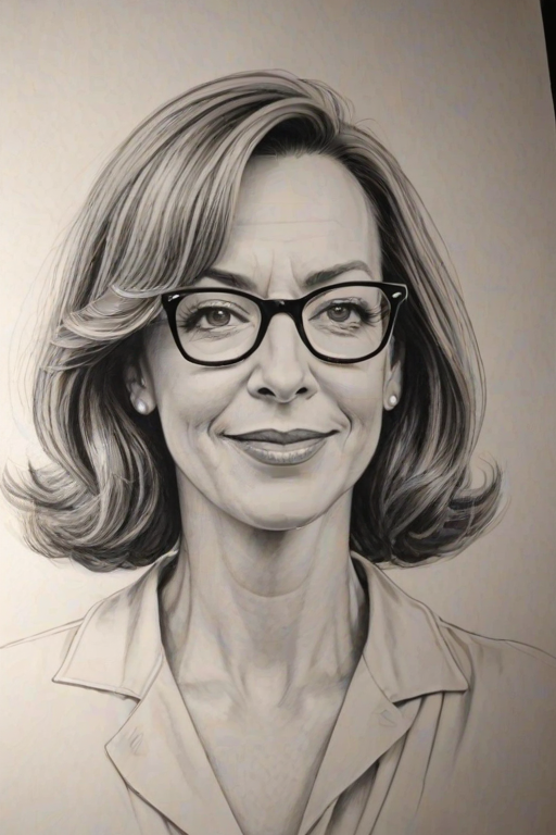 Radiant Allison Janney, pencil sketch, portrait of Enticing woman 1949s in glasses, hair style beatnik, outline, clear lines, fine lines, 8k