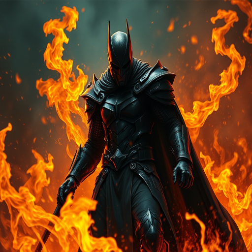 Create a high-resolution digital painting of a dark knight in a dramatic pose, surrounded by swirling flames and embers, shot with a DSLR camera at f/1.8, ISO 100, 1/500 sec shutter speed, using a low-angle view to emphasize power and intensity, with a cinematic style and rich color grading for enhanced visual impact.
