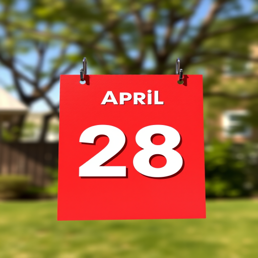 Create a digital illustration of a calendar page featuring the date April 28, using a bright red background for the calendar, with bold, large black numbers in a modern sans-serif font, captured with a digital camera at 50mm focal length, f/2.8 aperture, and ISO 100, in a bright outdoor setting for enhanced clarity and color vibrancy.