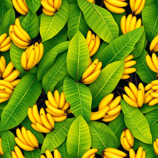 regenerate a seamless tropical banana pattern with vibrant green leaves and yellow bananas in a top-down view, use a DSLR camera at f/5.6, ISO 100, 24mm lens, and natural lighting to enhance color saturation and detail